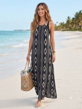 Rip Curl Navy and White Aztec Halter Maxi Dress/ Beach Cover Up